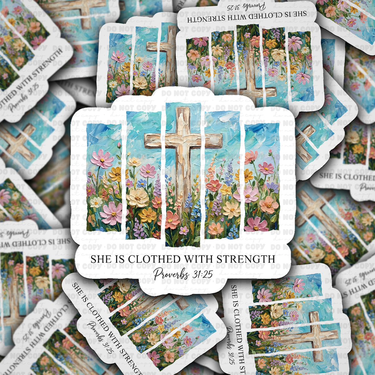 Proverbs 31:25 Clothed in Strength Floral Cross Sticker