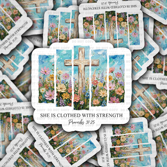 Proverbs 31:25 Clothed in Strength Floral Cross Sticker