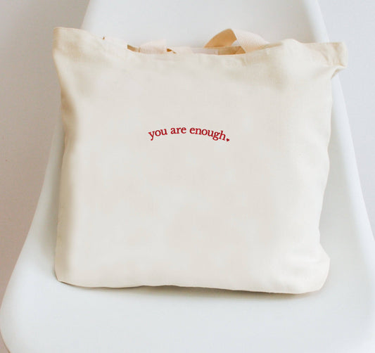 Embroidered Minimalist You Are Enough Canvas Tote Bag